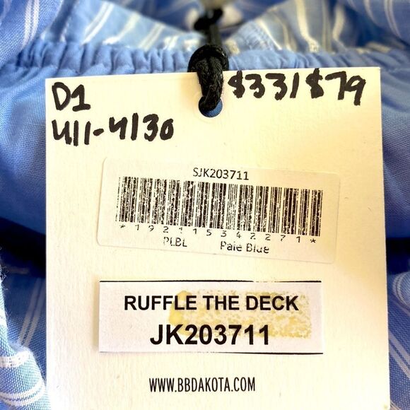 JACK BB DAKOTA light blue white striped elastic waist tie ruffle wrap front - Picture 3 of 4